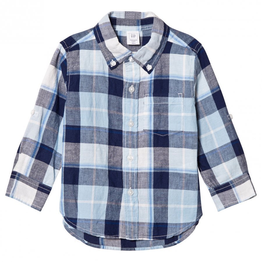 Gap Bold Plaid Linen Blend Convertible Shirt Blue Focus Kauluspaita