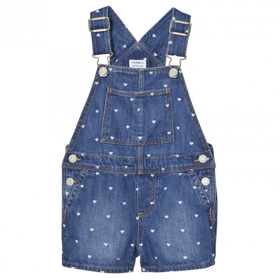 Gap Heart Print Denim Short Overalls Blue Heart Lappuhaalari