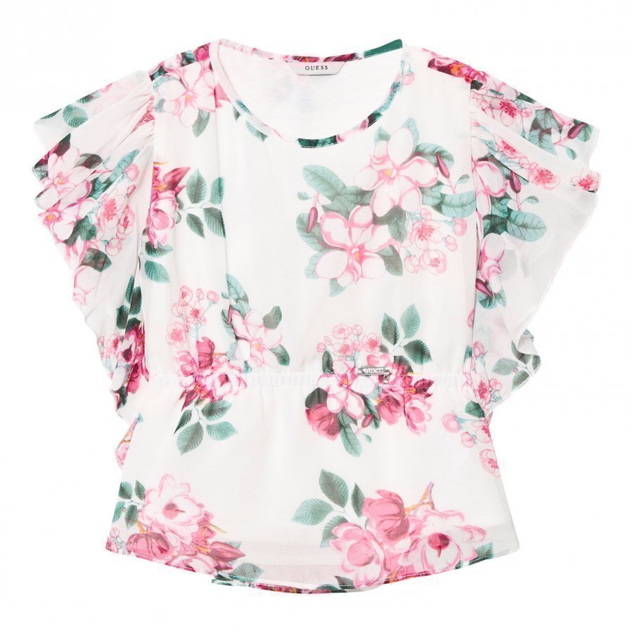 Guess White And Floral Chiffon Blouse T-Paita