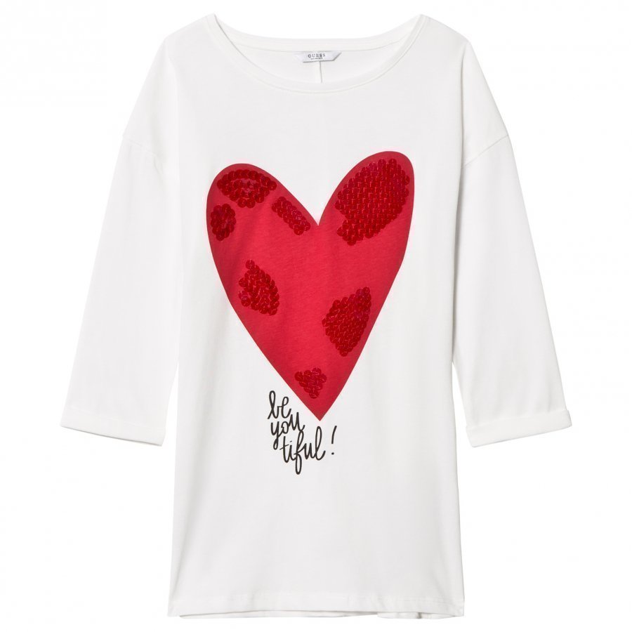 Guess White Heart Print And Sequin Tunic Pitkähihainen T-Paita