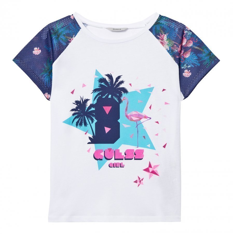 Guess White Navy Flamingo Print Batwing Tee T-Paita