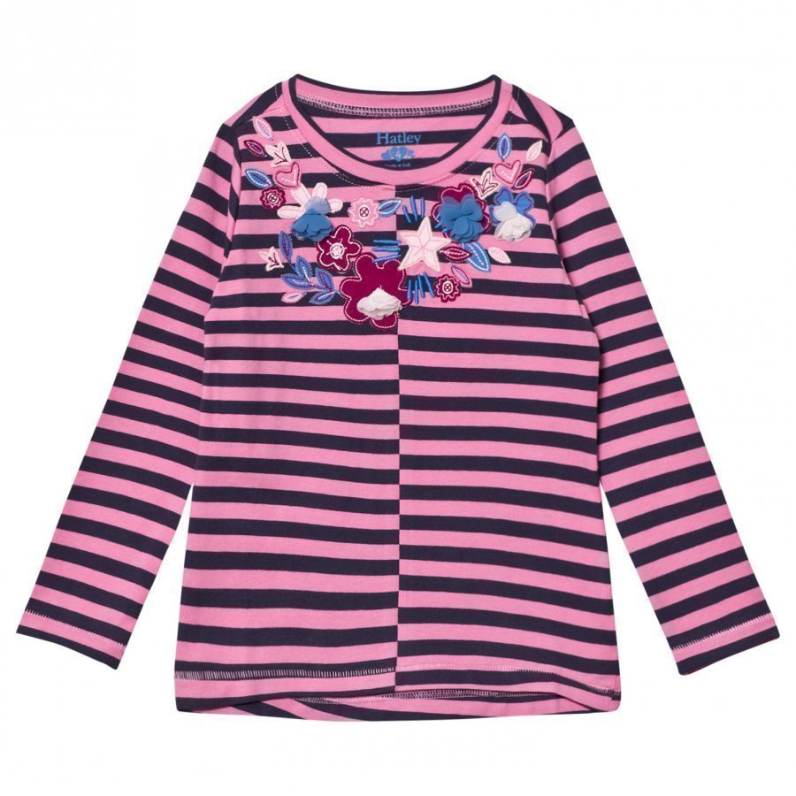 Hatley Pink And Navy Floral Applique Stripe Long Sleeve Tee Pitkähihainen T-Paita