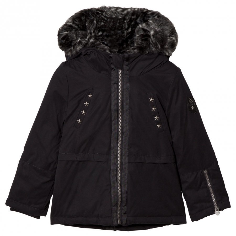 Ikks Black Short Parka Leopard Faux Fur Hood Parkatakki