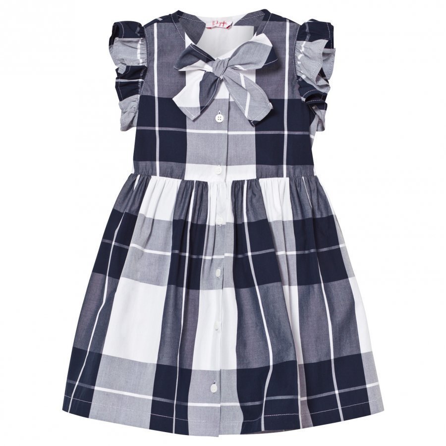 Il Gufo Navy Check Frill Sleeve Dress With Bow Front Juhlamekko