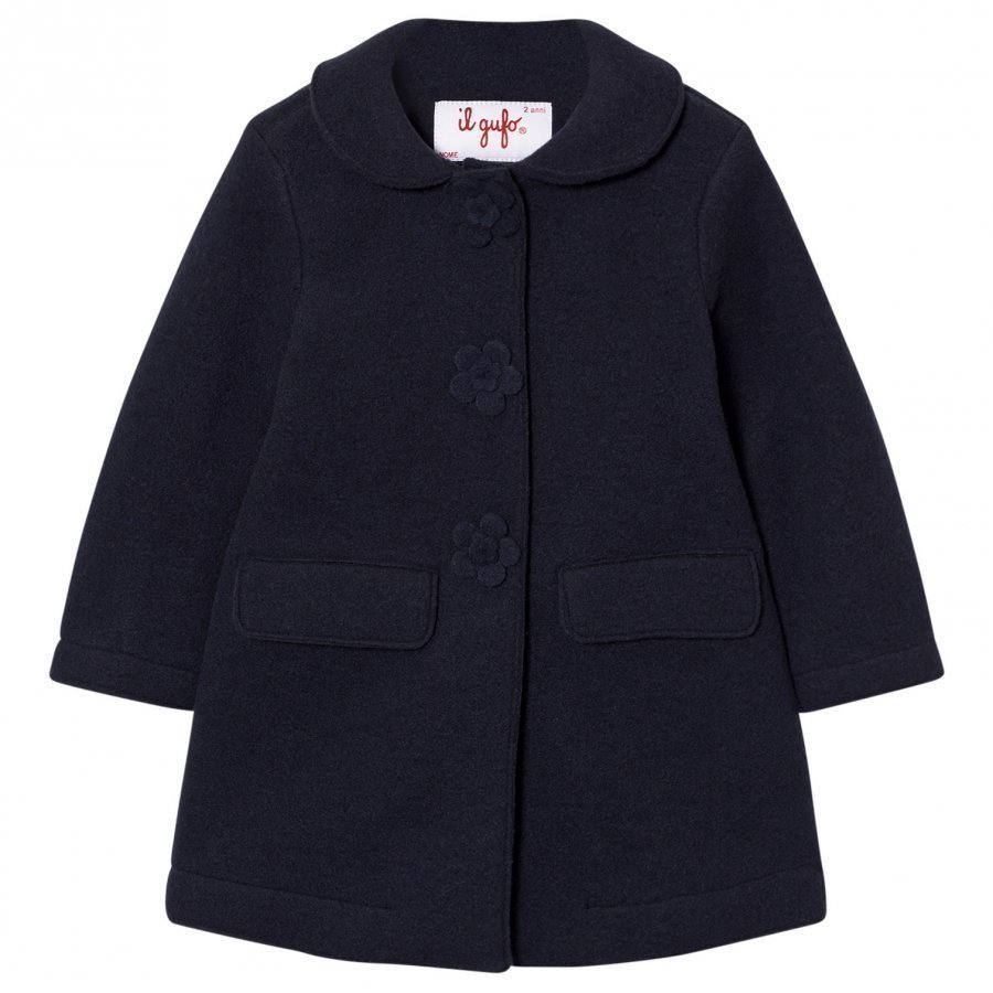 Il Gufo Navy Wool Coat With Flower Buttons Talvitakki