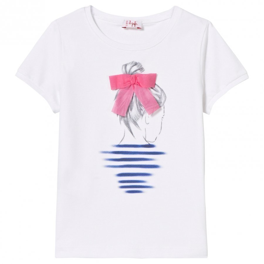 Il Gufo White Girl Print Applique Bow Detail Tee T-Paita