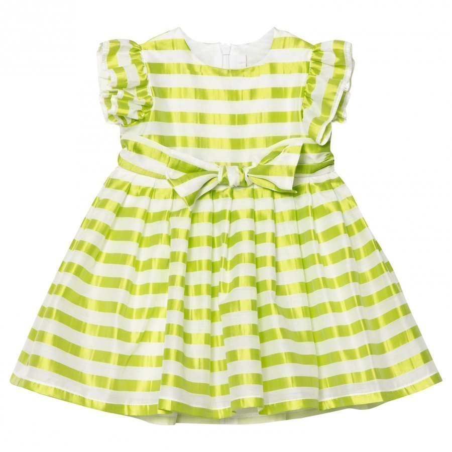 Il Gufo Yellow Stripe Silk Seersucker Frill Bow Dress Juhlamekko