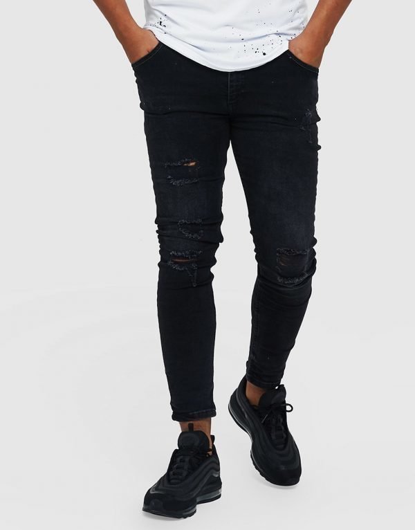 Illusive London Skinny Washed Ripped Jeans Musta