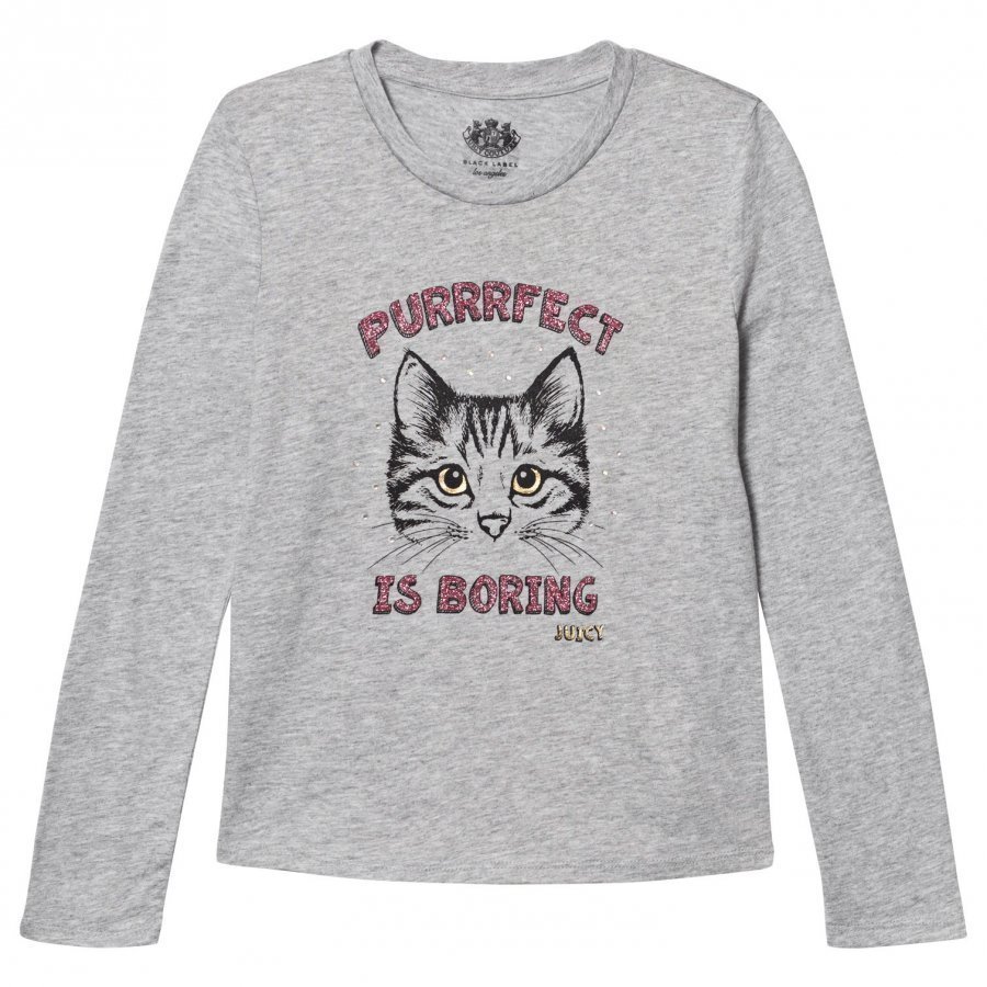 Juicy Couture Grey Glitter Cat Print And Jewelled Tee T-Paita