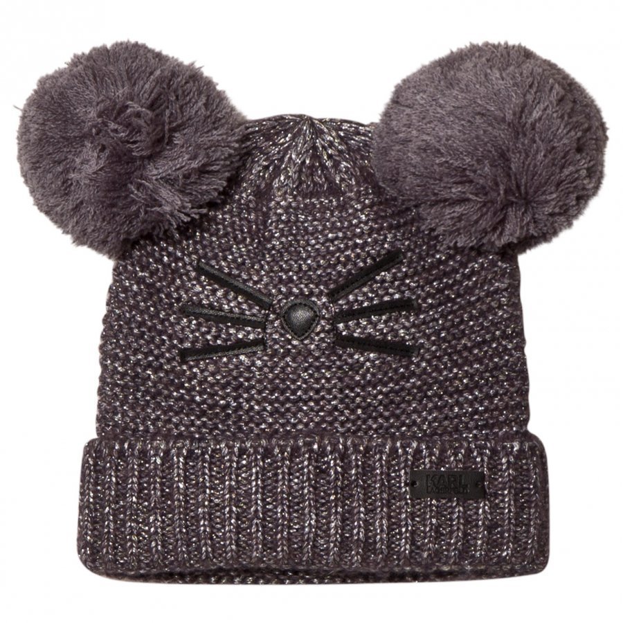 Karl Lagerfeld Kids Grey And Silver Lurex Knit Double Pom Pom Beanie Pipo