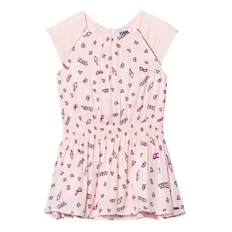 Karl Lagerfeld Kids Pink Icon Print Cap Sleeve Drop Waist Dress Mekko