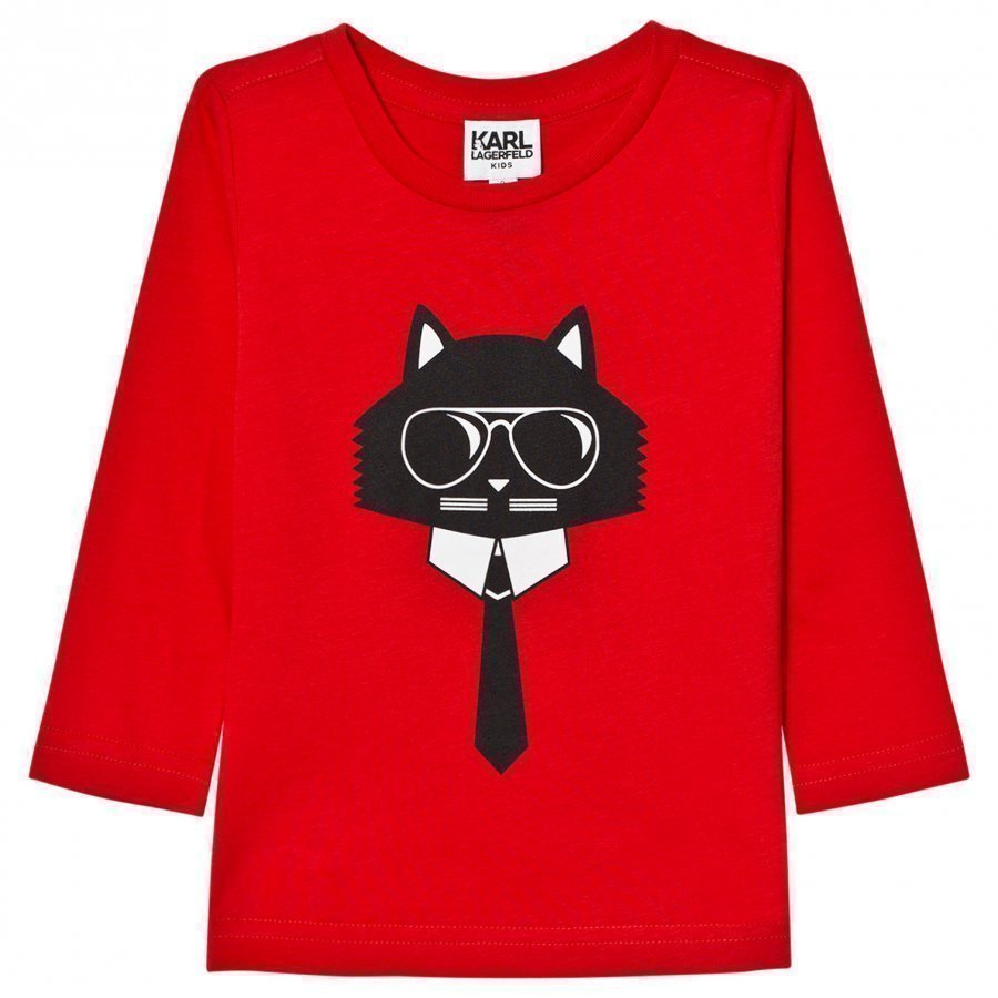 Karl Lagerfeld Kids Red Bad Cat Print Long Sleeve Tee T-Paita