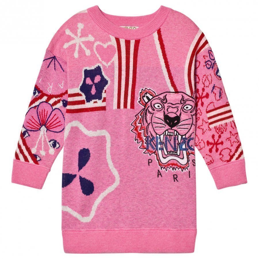 Kenzo Pink Knit Multi Tiger Motif Dress Mekko