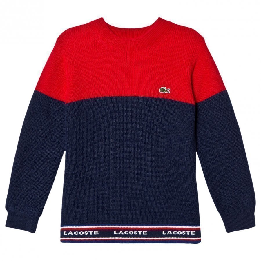 Lacoste Red And Navy Colour Block Branded Knit Jumper Paita