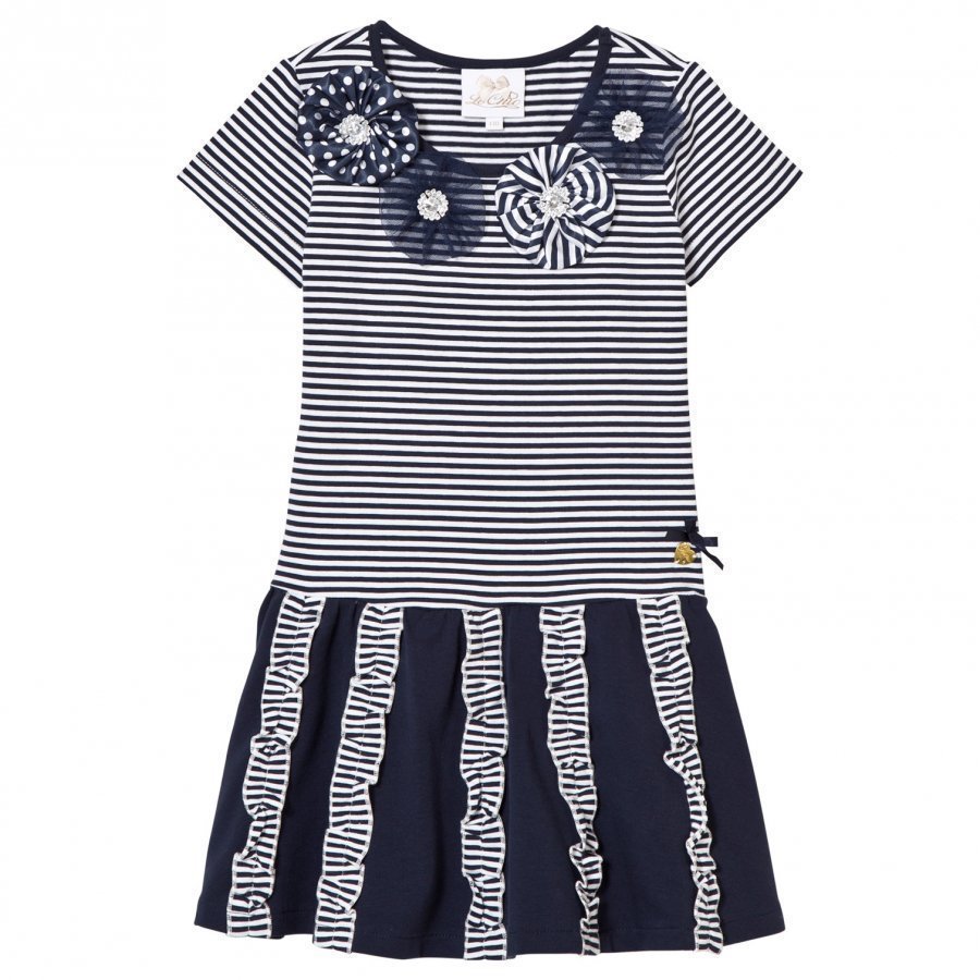 Le Chic Navy And Stripe Jersey Dress With Rosettes Diamantes And Ruffle Detail Mekko