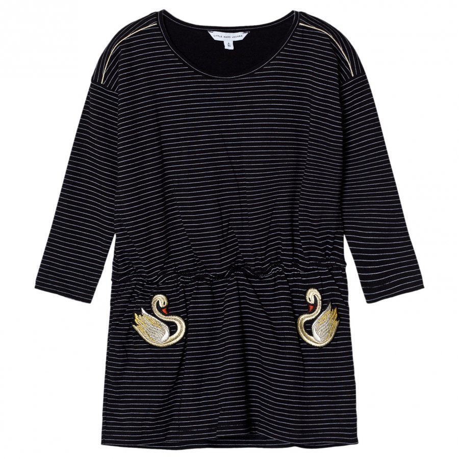 Little Marc Jacobs Black And White Stripe Swan Embroidered Jersey Dress Juhlamekko