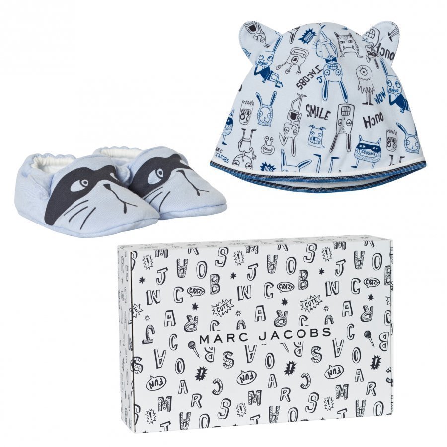 Little Marc Jacobs Blue Animal Print Jersey Hat And Booties Set In Gift Box Lahjasetti