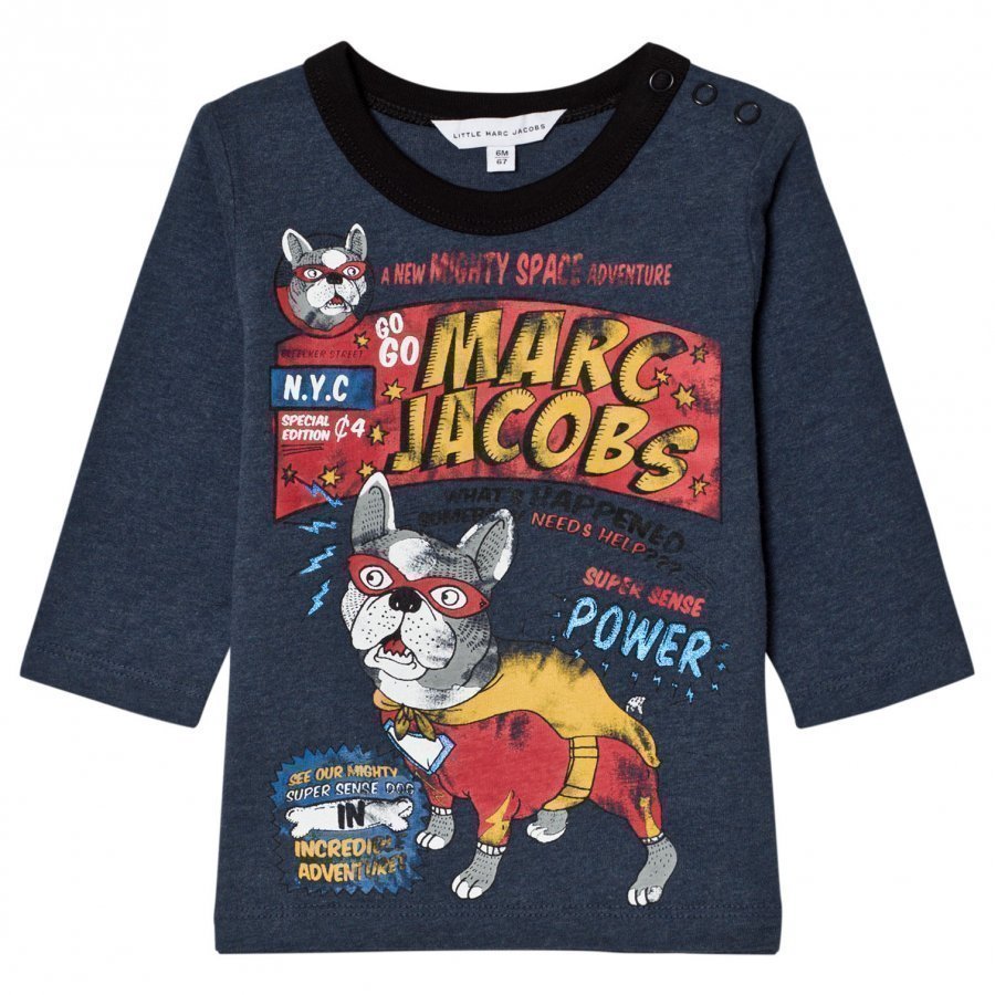 Little Marc Jacobs Blue French Bulldog Branded Print Tee T-Paita