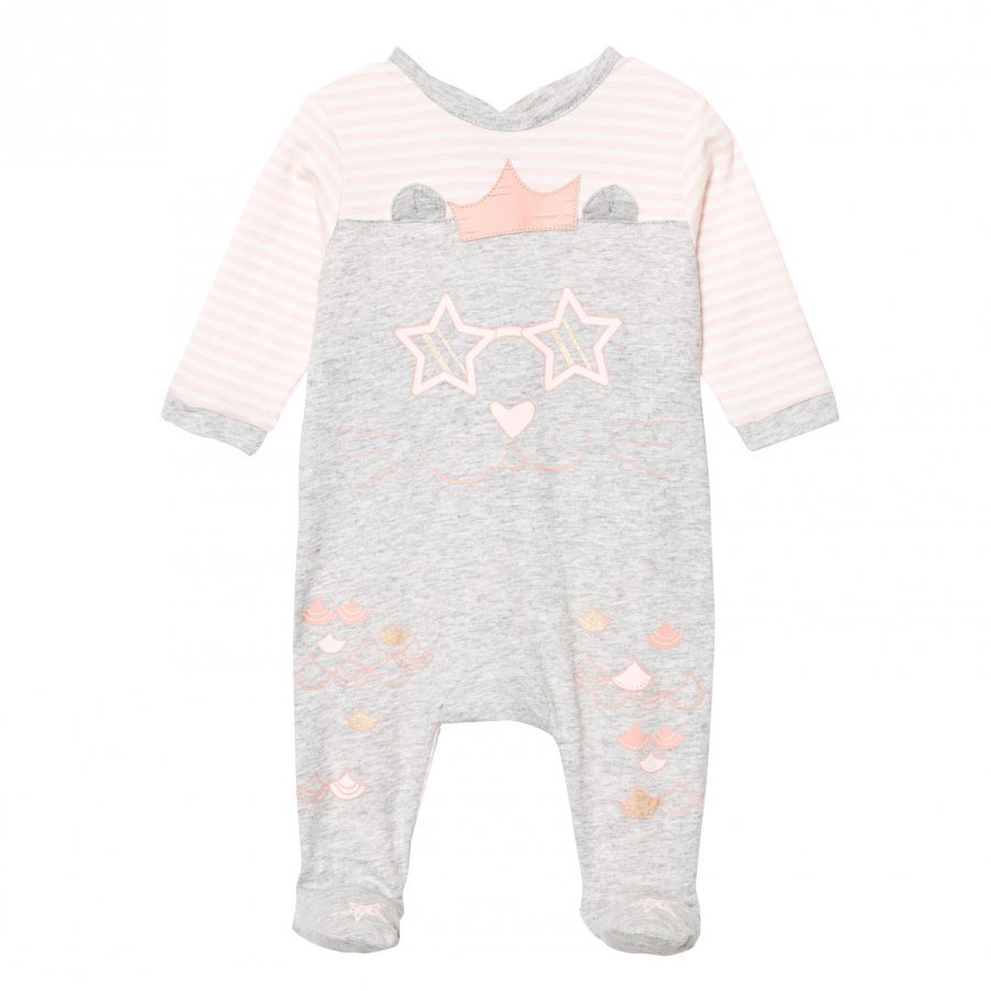 Little Marc Jacobs Grey And Pink Cat Print Footed Baby Body In Box Body