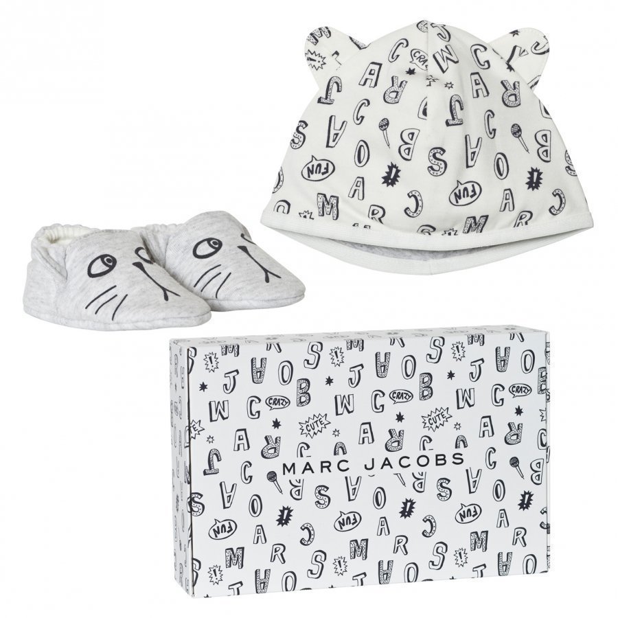 Little Marc Jacobs Grey Animal Print Jersey Hat And Booties Set In Gift Box Lahjasetti