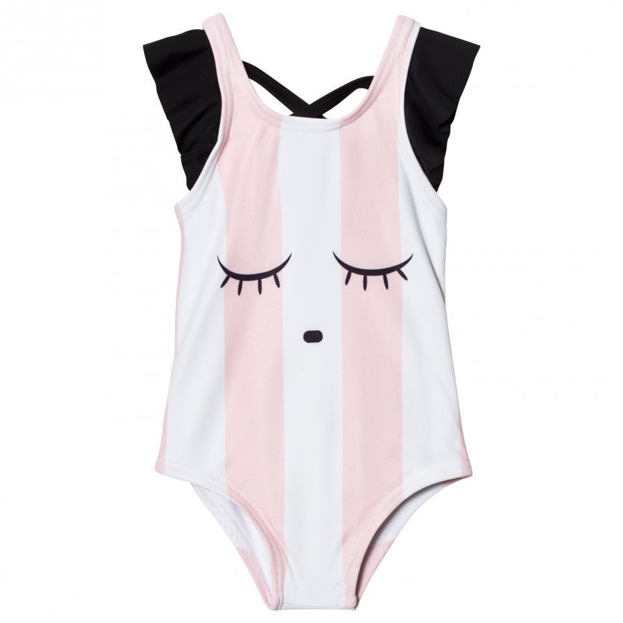 Livly One-Piece Ruffled Sleeve Bathing Suit Pink Vertical Stripes Uimapuku