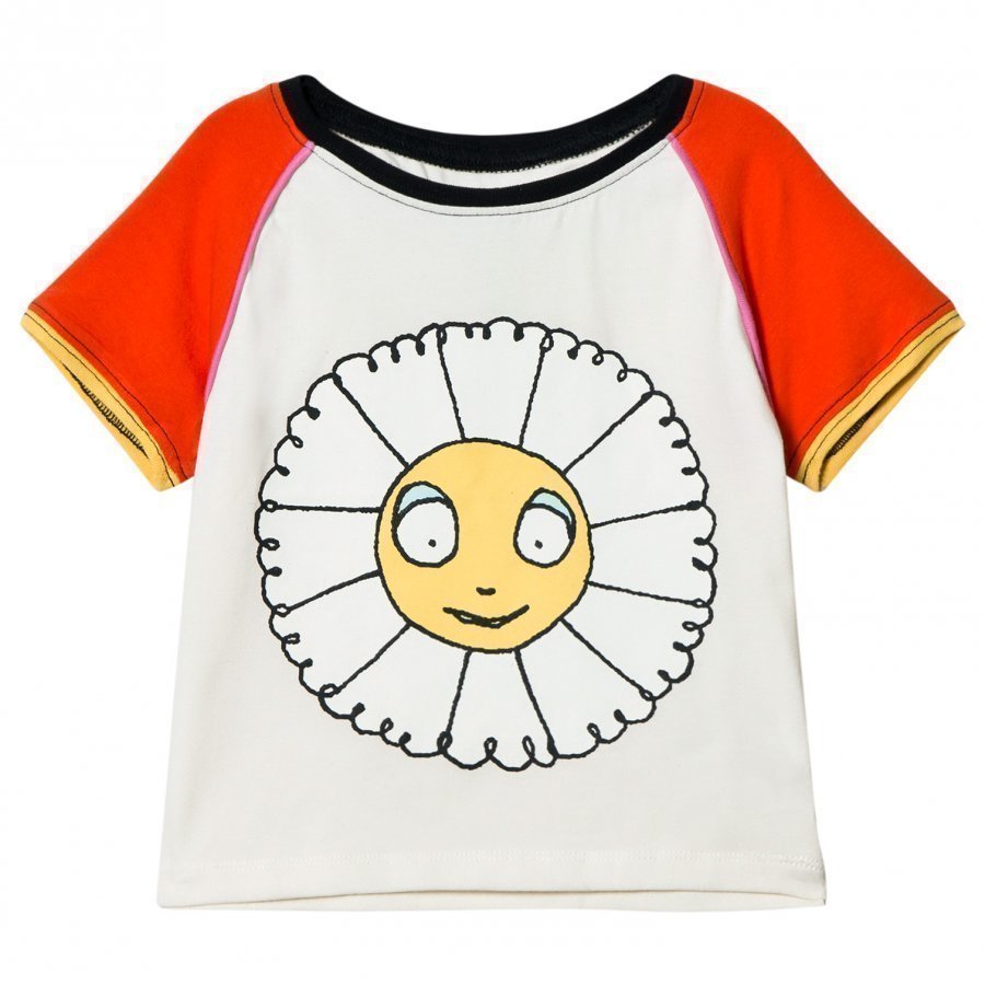 Margherita Kids Cream Multi Daisy Ringer Tee Print With Flocking T-Paita