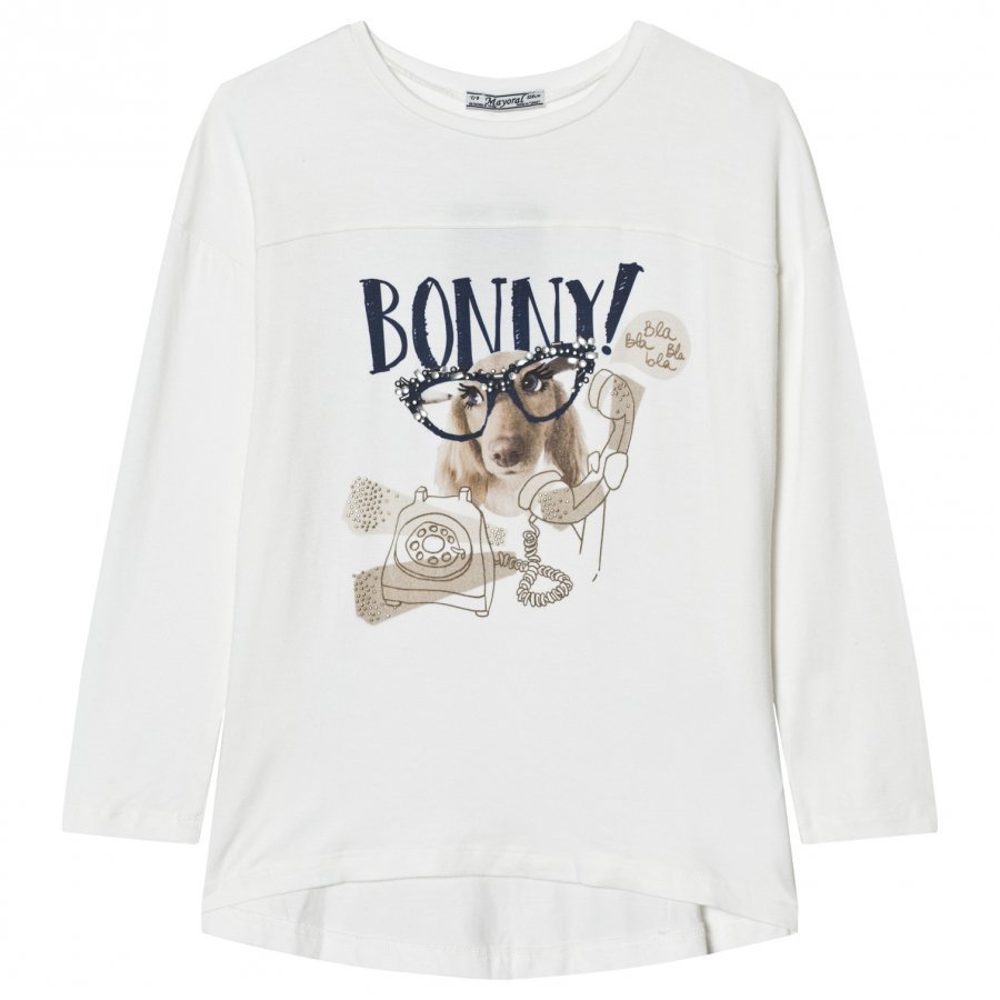 Mayoral Cream Diamante Puppy Print Long Sleeve Tee T-Paita