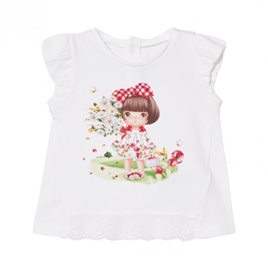 Mayoral Daisy And Girl Print Tee In White T-Paita