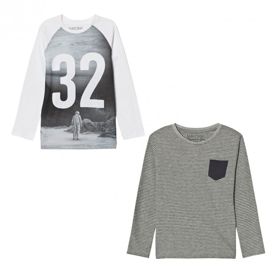 Mayoral Grey Graphic Print Tee And Stripe Tee Set Pitkähihainen T-Paita