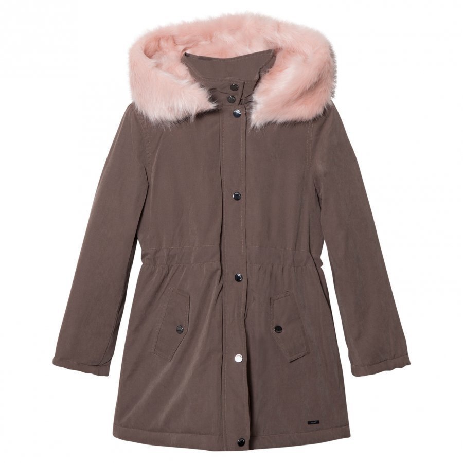 Mayoral Khaki Padded Parka With Pink Faux Fur Hood Parkatakki