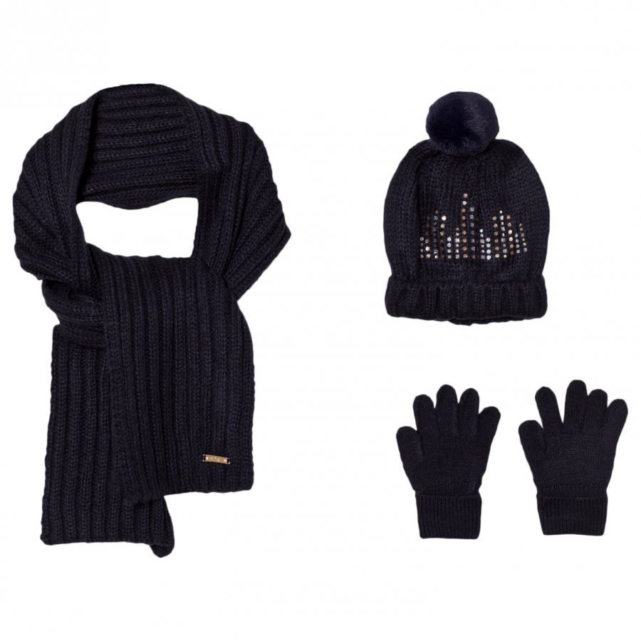 Mayoral Navy Knitted Pom Pom Hat Scarf And Mittens Set Hattu Huivi Ja Hanskat Setti