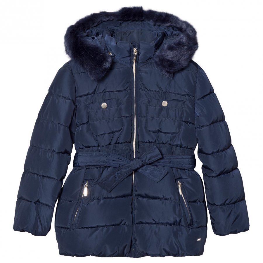 Mayoral Navy Padded Hooded Coat With Waist Tie Toppatakki