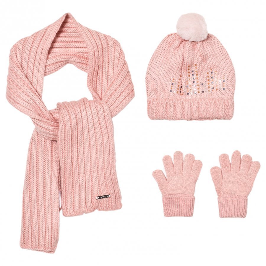 Mayoral Pink Knitted Pom Pom Hat Scarf And Mittens Set Hattu Huivi Ja Hanskat Setti