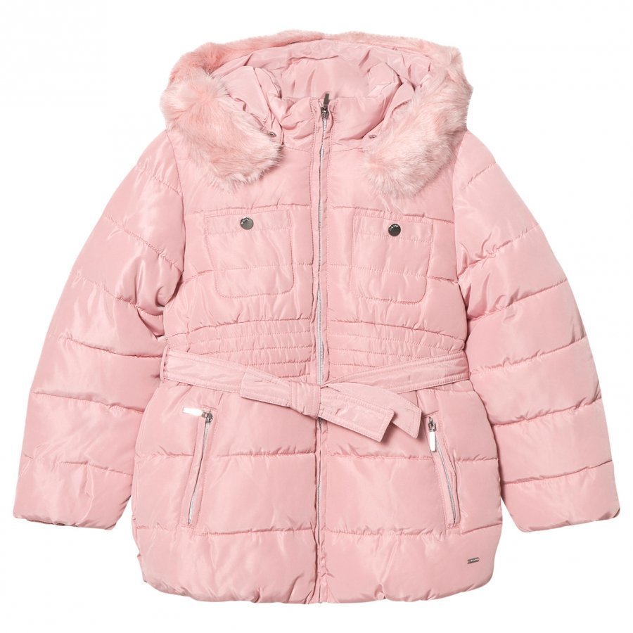 Mayoral Pink Padded Hooded Coat With Waist Tie Toppatakki