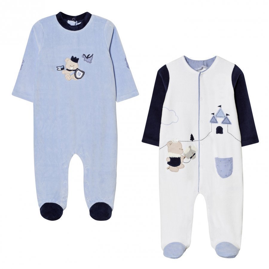 Mayoral Set Of 2 Cream Blue Bear Applique Velour Footed Baby Bodies Body