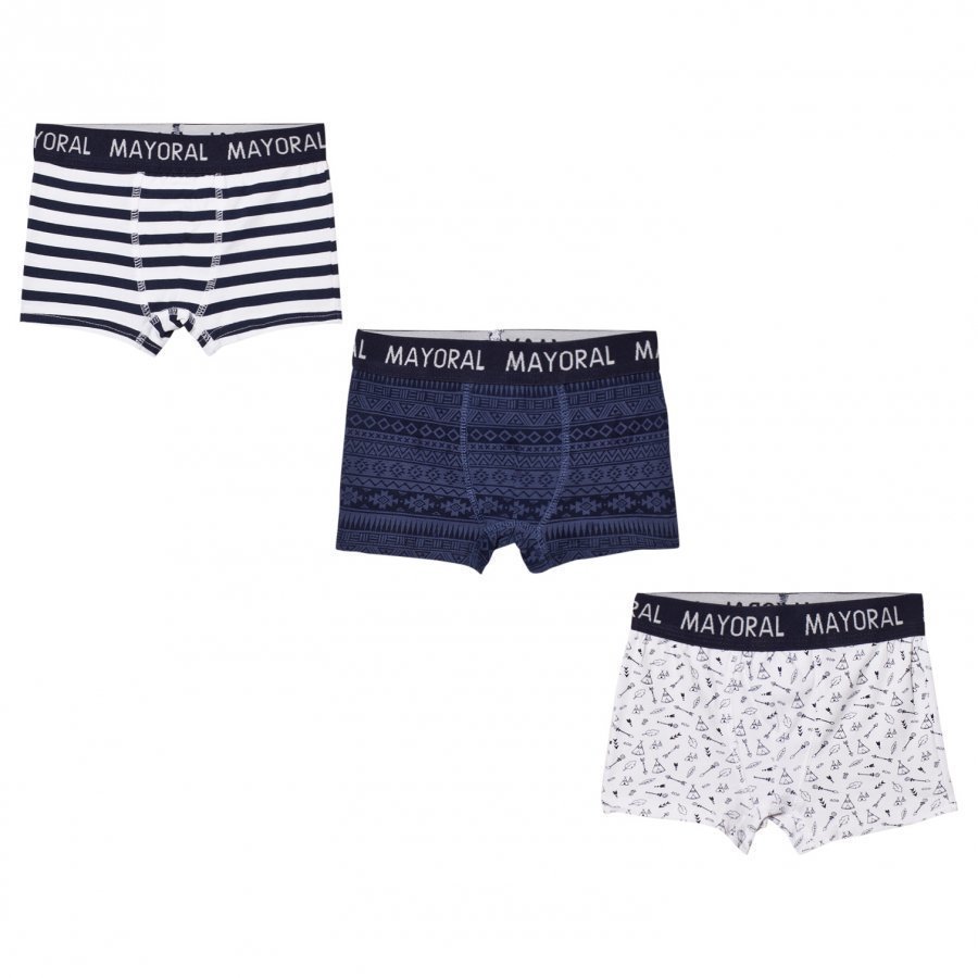 Mayoral Set Of 3 Navy Striped And Printed Boxers Bokserit