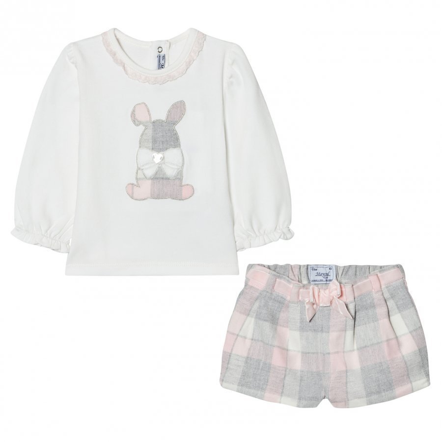 Mayoral White And Pink Plaid Bunny Tee And Shorts Set Asusetti