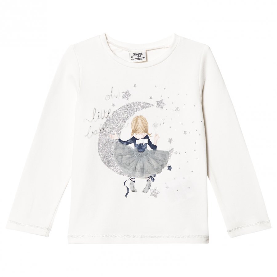 Mayoral White And Silver Girl And Moon Print Tee T-Paita