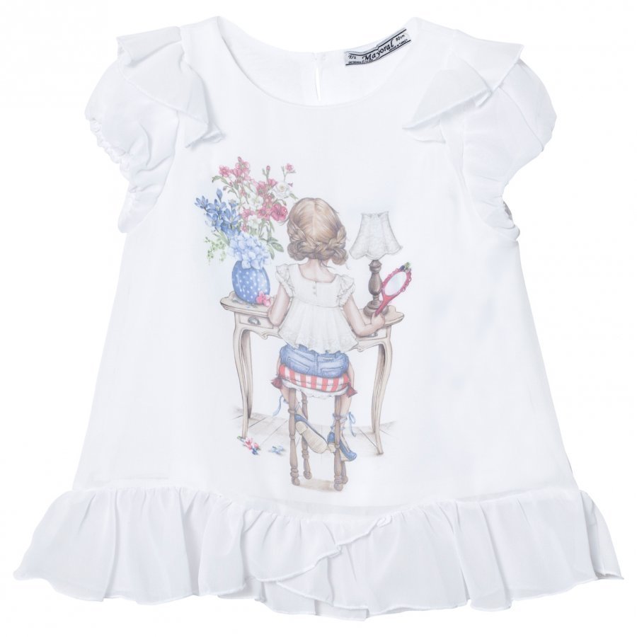 Mayoral White Girl Print Frill Top T-Paita