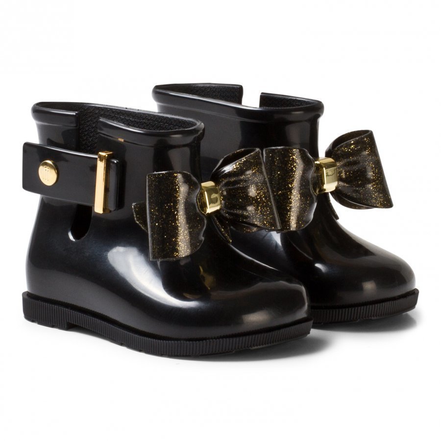 Mini Melissa Sugar Rain Bow Rain Boots Black And Gold Glitter Bow Kumisaappaat