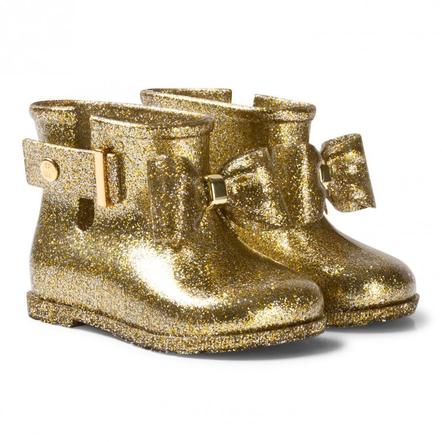 Mini Melissa Sugar Rain Bow Rain Boots Gold Glitter Bow Kumisaappaat