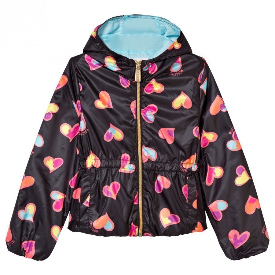 Moschino Kid-Teen Black All Over Heart Print Hooded Jacket Huppari