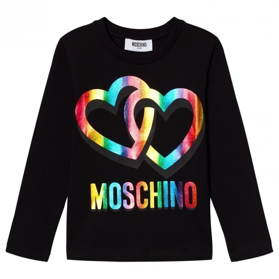 Moschino Kid-Teen Black Rainbow Heart Logo Long Sleeve Tee T-Paita