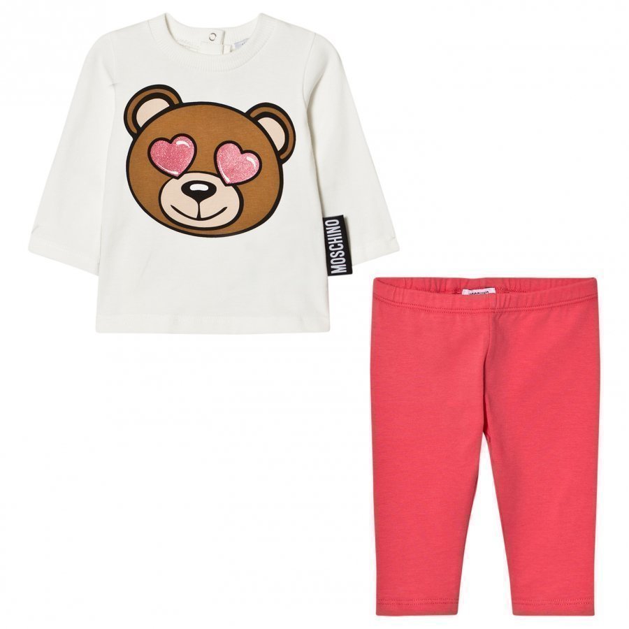 Moschino Kid-Teen Cream And Pink Heart Eye Bear Print Tee And Leggings Set Asusetti