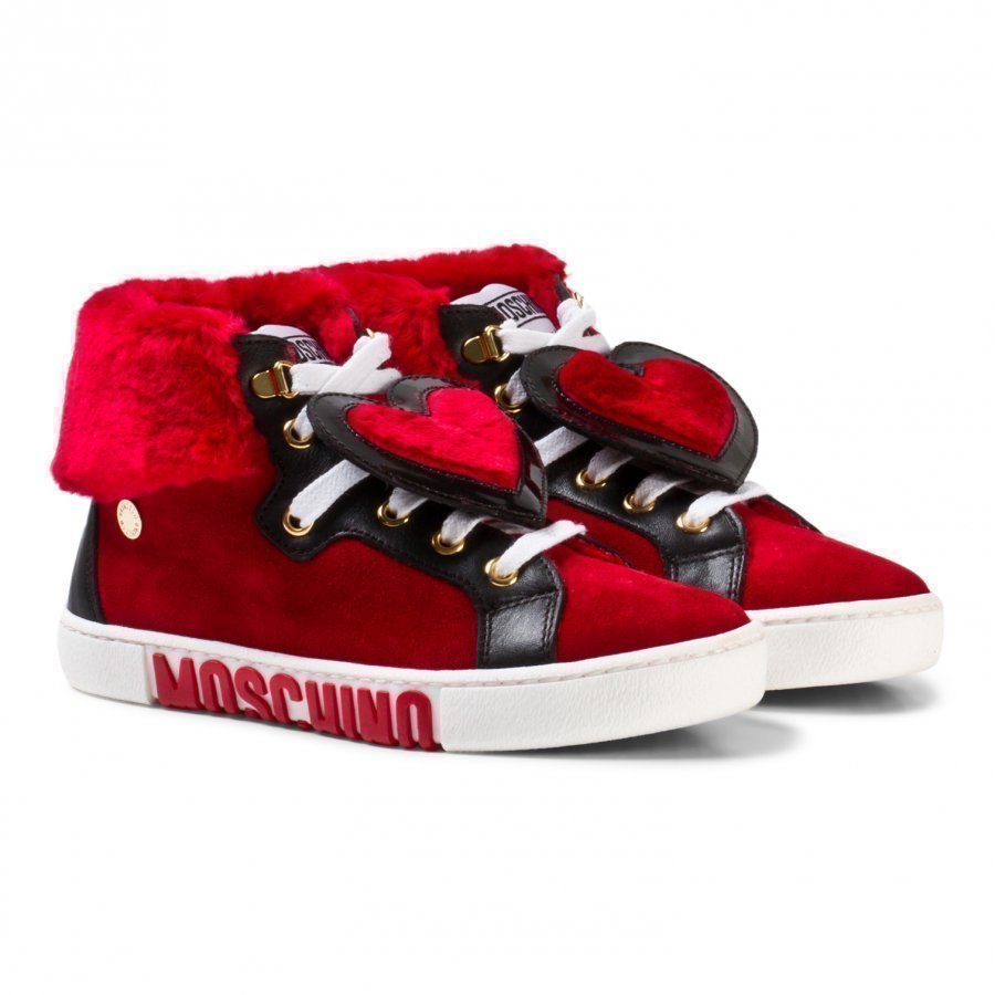 Moschino Kid-Teen Red Suede And Faux Fur Heart High Top Trainers Korkeavartiset Kengät