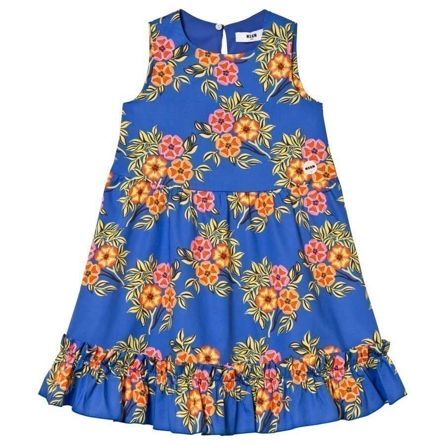 Msgm Blue Floral Frill Detail Dress Mekko