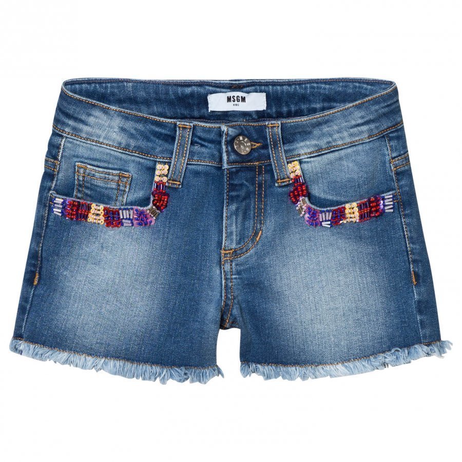 Msgm Blue Multi Embroidered And Beaded Denim Shorts Farkkushortsit