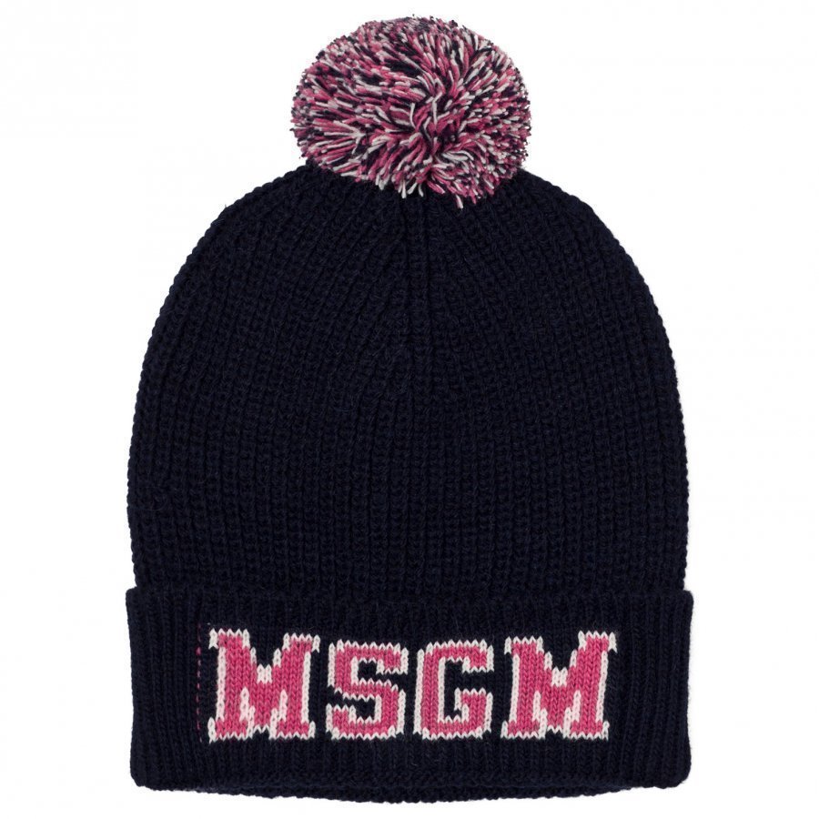 Msgm Navy And Pink Logo Beanie Pipo