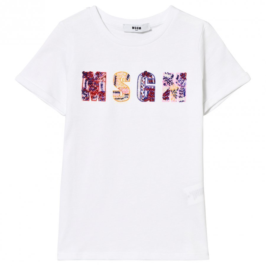 Msgm White Beaded And Embroidered Logo Tee T-Paita