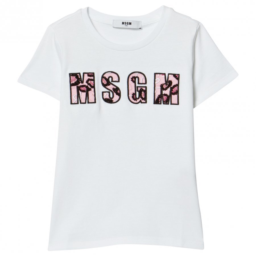 Msgm White Leopard And Beaded Logo Tee T-Paita